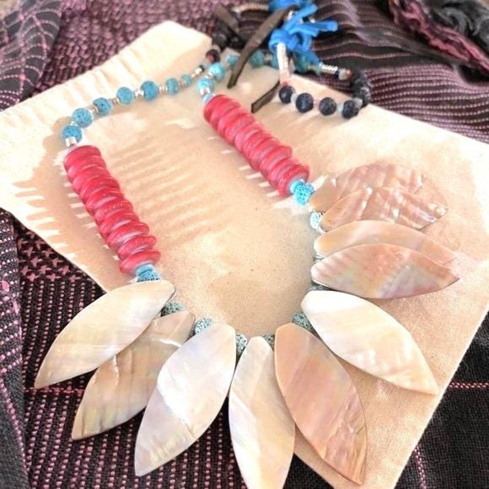 Abalone and Howlite handmade long statement necklace with aqua leather accents